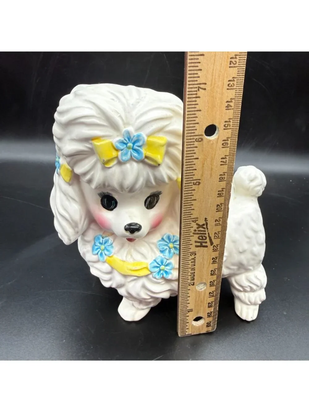 Vtg White Poodle Dog Planter Hand Painted Ceramic Bows Flowers MCM Import Kitsch